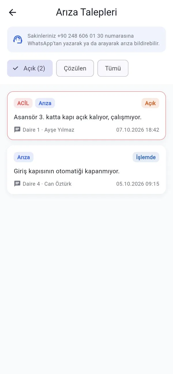 Arıza talepleri: acil ve işlemdeki talepler, daire ve sakin bilgisiyle