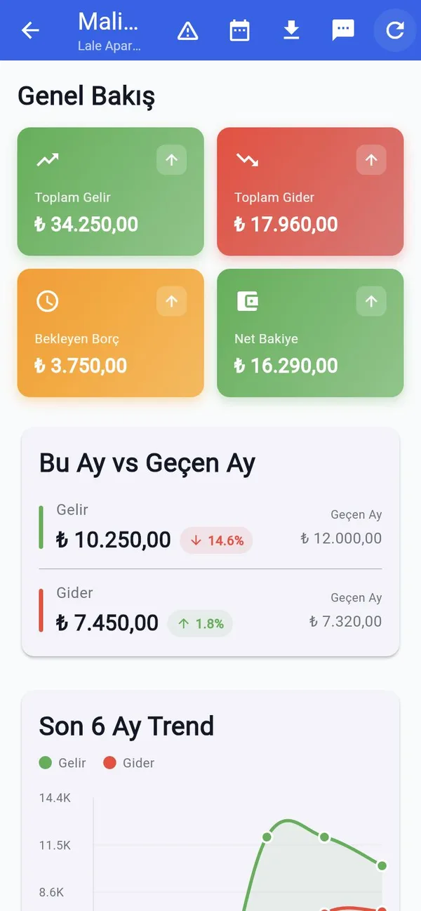 Mali rapor ekranı: toplam gelir, toplam gider, bekleyen borç ve net bakiye