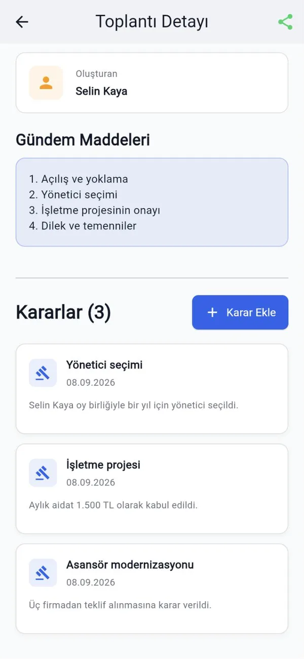 Toplantı detayı: gündem maddeleri ve alınan kararlar